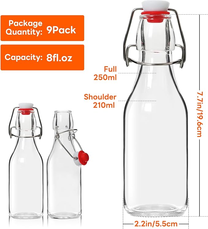 AuroTrends 8 oz Swing Top Glass Bottles with Lids 9 Pack- Airtight Flip Top Glass Bottles for Vanilla Extract, Home Brewing, Beverages, Oil & More