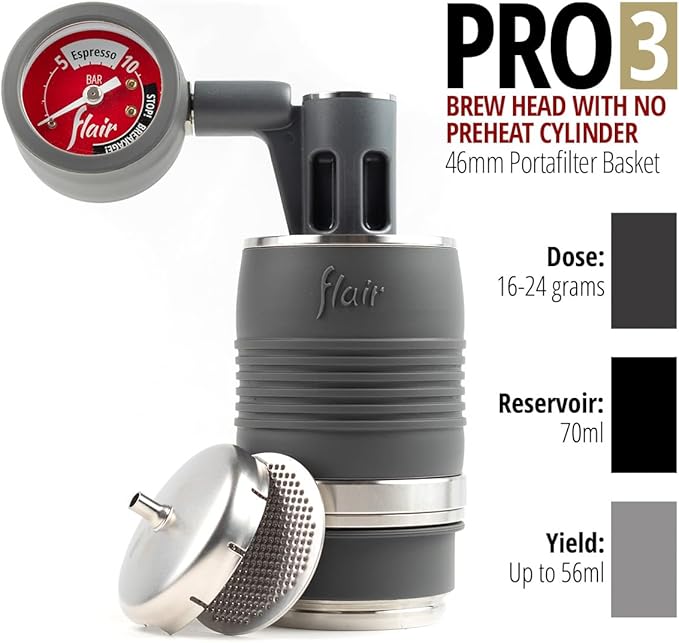 Flair UPDATED PRO 3 (Black) - All manual lever espresso maker with a stainless steel brew head, pressure gauge, and a shot mirror