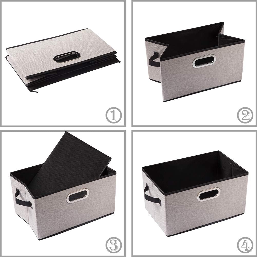 PRANDOM Larger Collapsible Storage Bins for Closet [5-Pack] Decorative Linen Fabric Storage Baskets Cubes with Leather/Metal Handles for Living Room Light Grey (17.3x12.2x10.4 Inch)