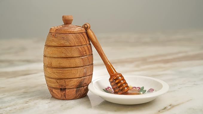 Lipper International Olive Wood Honey Pot with Cover, 3" x 2.5" x 5"