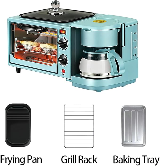 9L, 3-in-1 multifunctional home breakfast machine, mini oven, coffee machine, with timer, visible window, Lid crystal handle (Blue)