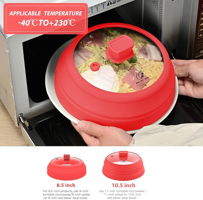 Microwave Splatter Cover Glass Splatter Guard Lid with Collapsible Silicone for Small Bowls Food Plate Cover 9 inch Red