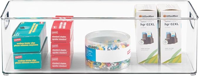 mDesign Plastic Office Supply Organizer - Storage Holder Bin with Handles for Desk Drawer, Cabinet - Pencil, Pen, Envelope and Supplies Container Basket - Ligne Collection - 2 Pack - Clear