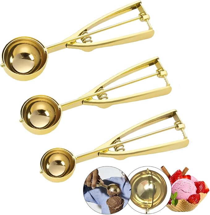 Gold Ice Cream Scoop 304 Stainless Steel Cookie Scoops for Baking Melon Baller with Trigger 3 Sizes (Gold, M)