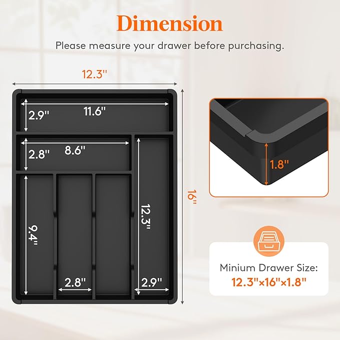 Lifewit Silverware Drawer Organizer Tray, Plastic Cutlery Storage for Kitchen, Flatware and Utensil Holder Divider for Spoons Forks Knives Tableware, 12.3 x 16", 6 Slots, Black