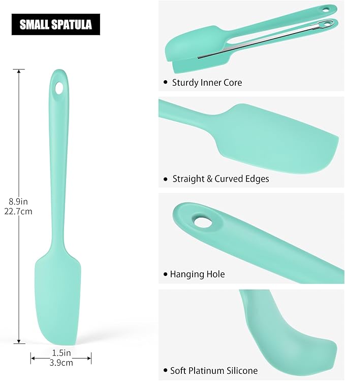 Doosu 18/8 Stainless Steel Food-Grade Measuring Coffee Scoop with 6.9in Long Handle (1 & 2 Tbsp) and 600°F Heat Resistant Mini Food-Grade Silicone Bowl Scraper (Aqua Sky)