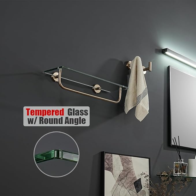 JQK Bathroom Glass Shelf, Shelf with 15 Inch Towel Bar Tempered Glass Shower Storage 16 by 5 inches, 304 Stainless Steel Champagne Bronze Wall Mount, TGS100L16-CB