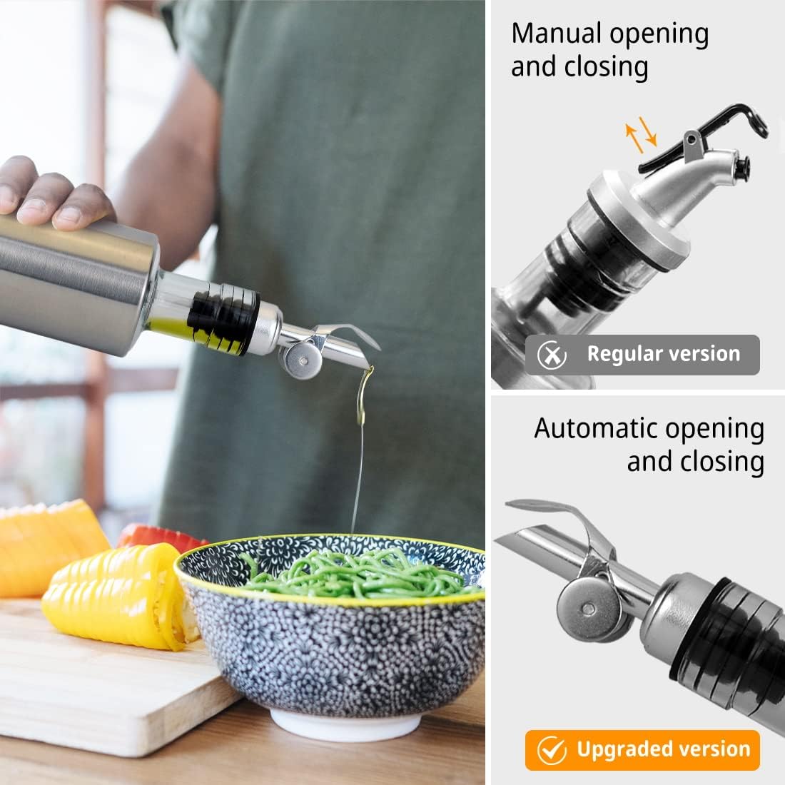 MEETSWEET Automatic Stainless Steel Pour Spout, Leak-Proof, For Olive Oil, Vinegar, Wine & More (Black)