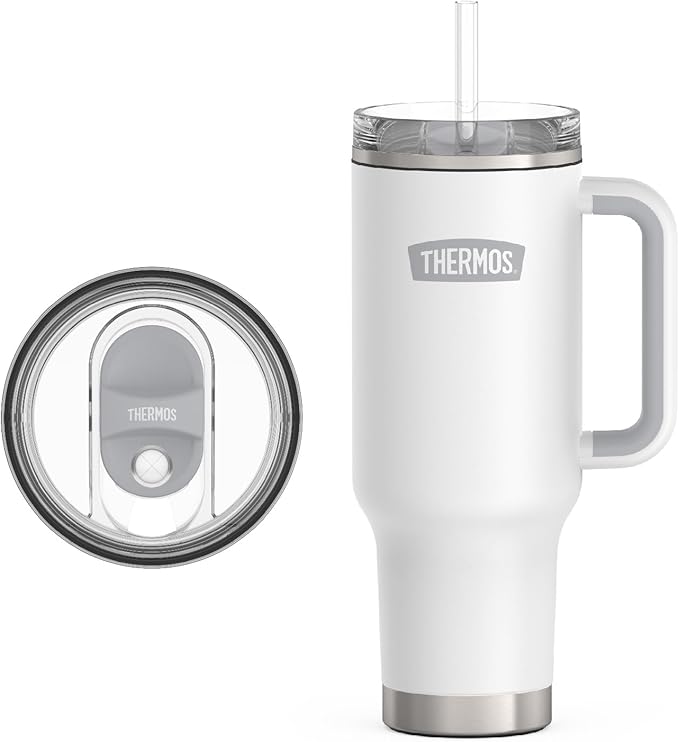THERMOS 40 oz Stainless Steel Cupholder Mug w/Straw - White