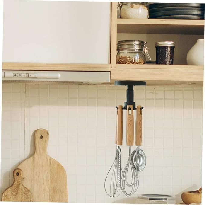 3pcs No-Nail Kitchen Utensil Hooks Rotatable Black Hanging Storage Organizer Under Cabinet Multi-Functional Wall Mounted Holder for Cooking Tools