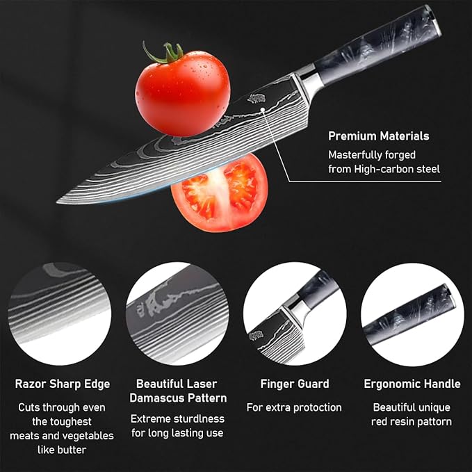 8-Piece Premium Japanese Kitchen Knife Set - Imperial Collection, Laser Damascus Pattern, 440A Stainless Steel Ultra Sharp for Fast Cutting (Black 8J)