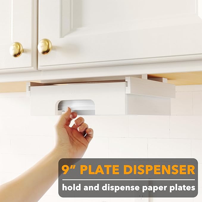 SpaceAid 9-inch Paper Plate Dispenser (Need 10.2 Inches Deep Cabinet Space) Under Cabinet Bamboo Plates Holder, Kitchen Vertical Dipensers Caddy, White
