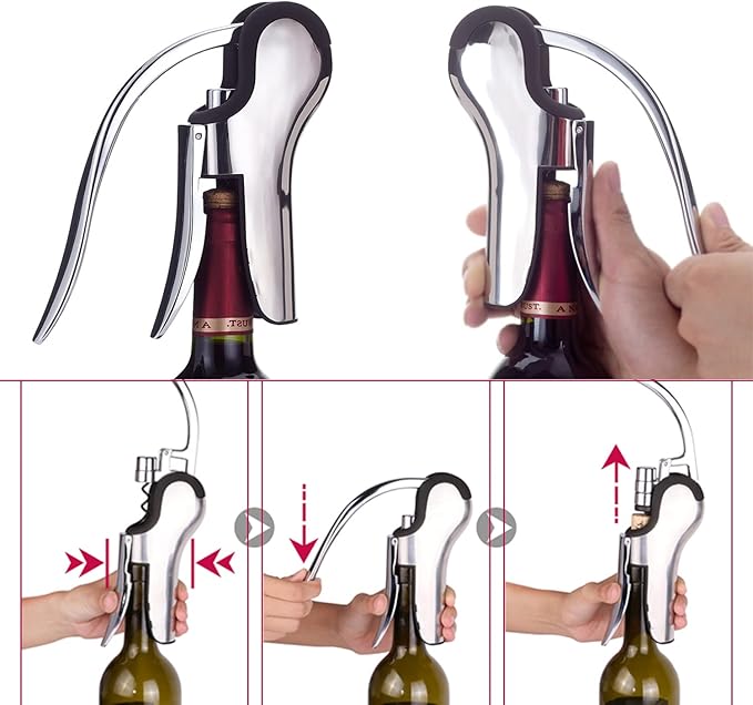 KAYCROWN Stainless Steel Wine Bottle Opener, Vertical Lever Corkscrew with Built-in Foil Cutter Design, Manual Handheld Corkscrew with Ergonomic Lever Pump