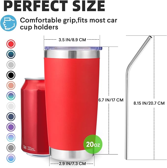 Volhoply 20oz Stainless Steel Tumbler with Lid and Straw Bulk 8 Pack,Double Wall Insulated Travel Iced Coffee Mug Fits Cup Holder,Powder Coated Cups for Hot/Cold Drinks,Christmas Gifts（Red,8 Set）