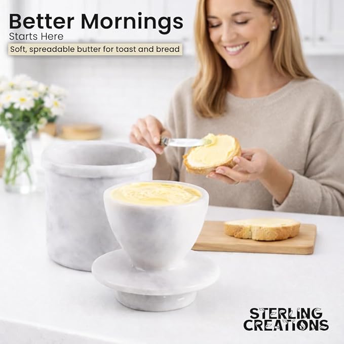 Handcrafted Round Marble Butter Keeper | Elegant White Marble French Butter Dish | Ideal Kitchen Storage for Soft Butter | Classic Breakfast Companion (Regular Size) (White Marble)