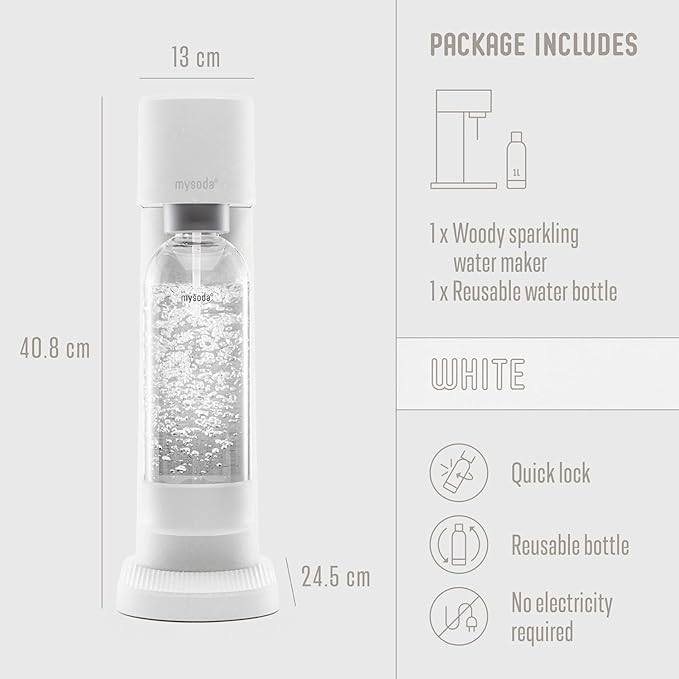 Mysoda Woody Carbonated Water Maker - Silent Carbonated Water Machine Robust Long-Lasting Aluminium Soda Maker - With 1L Water Bottle - Without CO2 Cylinder - White