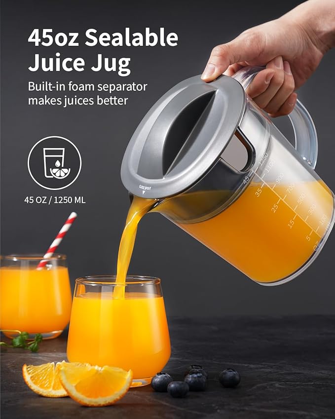GDOR 1200W Juicer Machines with Larger 3.2" Feed Chute, 45oz Large Juice Jug, Centrifugal Juice Extractor Maker with Titanium Enhanced Cutting System, Dual Speeds, BPA-Free, Grey