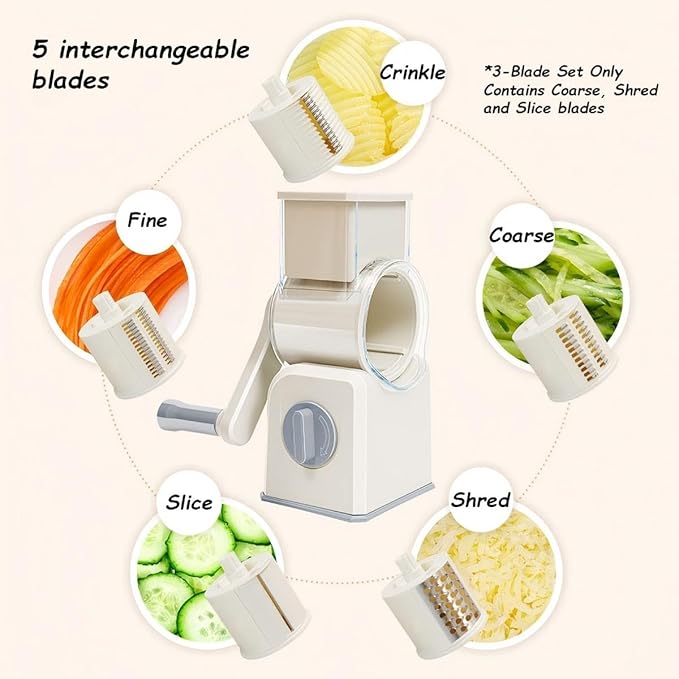 Rotary Cheese Grater with Hand Crank, Multi-Purpose Shredder Slicer with 5 Interchangeable Stainless Steel Blades for Shredding, Slicing, and Grating Cheese, Vegetables, and Fruit (Green)