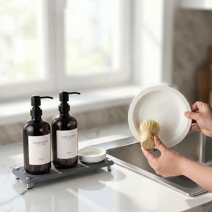 2 Pack Kitchen Soap Dispenser Set - 16oz Black Glass Dish and Hand Soap Dispenser with Stainless Steel Pump, Instant Dry Tray, Dish Brush & Holder, Refillable Countertop Sink Decor for Kitchen & Bath