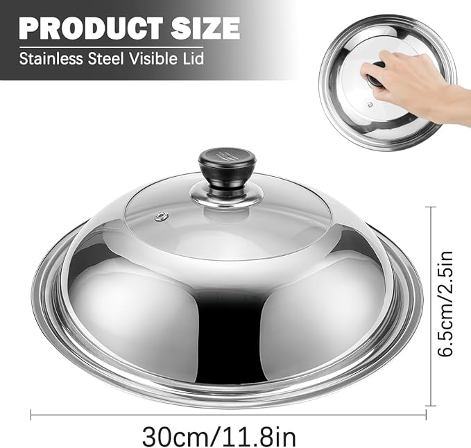 Tempered Glass Frying Pan Lids with Handle 11.8 Inch Universal Replacement Cover Fry Pan Lid for Skillets, Round Cast Iron, Cast Aluminium, Stainless Steel Pans（30cm）