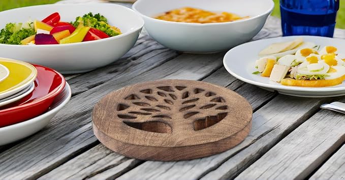 Handmade Wooden Trivet for Hot Dishes Plates & Pots Holder Hot Pad for Kitchen & Dining Table Decor Cookware Heat Resistant Rustic Decorative Carvings Tabletop Home & Dining Table Essentials (White)