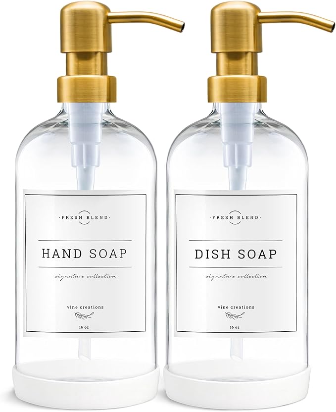 Vine Creations Glass Soap Dispenser, 2 Pack Kitchen Soap Dispenser Set with Stainless Steel Pump, 16 oz Dish Soap and Hand Soap Dispensers for Bathroom with Waterproof Labels (Clear)