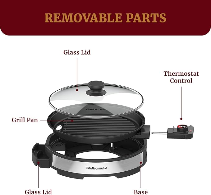 Elite Gourmet EMG6505G 12" Smokeless Indoor Electric BBQ Grill with Glass Lid Dishwasher Safe, Nonstick, Adjustable Temperature, Fast Heat Up, Low-Fat Meals Easy to Clean Design