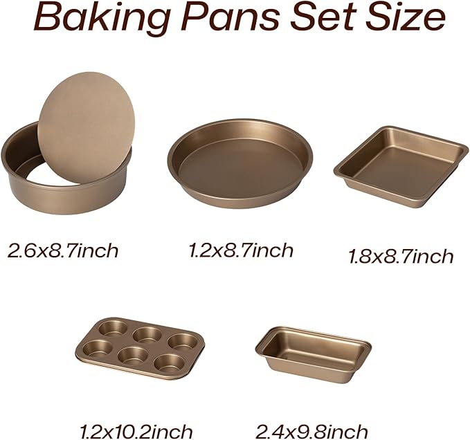 5-Piece Gold Nonstick Baking Pans Set, Carbon Steel Bakeware Includes Round Cake Pan, 6-Cup Muffin Pan, Square Pan, Pizza Pan, Loaf Pan, Complete Baking Tools for Home Baking & Gift