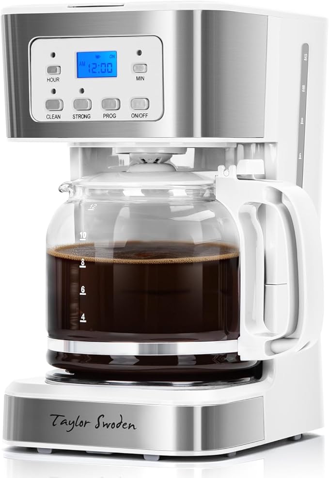 Taylor Swoden 12-Cup Programmable Coffee Maker, Regular & Strong Brew Drip Coffee Machine for Home and Office, Glass Carafe, Pause & Serve, Auto Shut Off, White & Stainless Steel