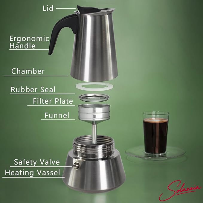 4 Cup Stovetop Espresso Maker Matte Stainless Steel Moka Pot Italian and Cuban Mocha Coffee Maker, Compatible with Gas, Electric, Ceramic, and Induction stovetops(6.6 fl oz/200 ml)