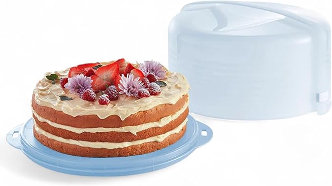 Tupperware Round Cake Taker Carrier Ice Blue Sheer with Ice Blue Base