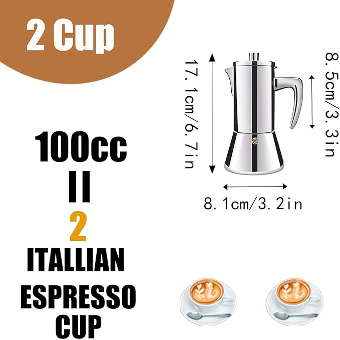 2 Cup Thickened 304 Stainless Steel Moka Pot Stovetop Espresso Maker Cafeteras Italian Percolator Espress Makers Capable Greca Mocha Coffee Machine for Induction Home and Camping 100ml 3.4oz