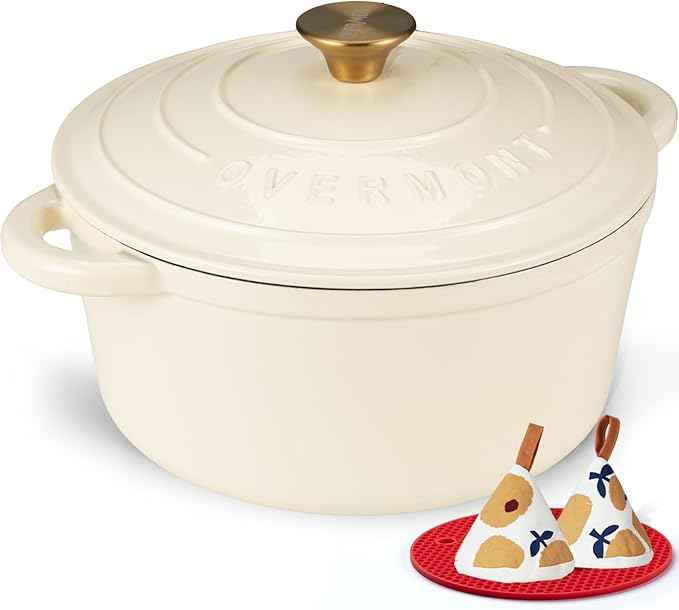 Overmont Enameled Cast Iron Dutch Oven - 4.5QT Pot with Lid Cookbook & Cotton Potholders - Heavy-Duty Cookware for Braising, Stews, Roasting, Bread Baking Cream White