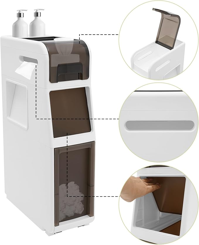 Slim Waterproof Narrow Bathroom Cabinet with Trash Bin Compact Design with Drawers and Toilet Paper Holder Movable Bathroom Organizers for Small Spaces (3Tier/25.2in H)