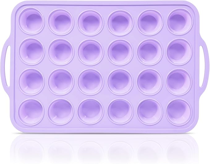 Mini Silicone Muffin Pan with Metal Frame, Non Stick Silicone Cupcake Pan with Handles 24 Cup, BPA Free Silicon Muffin Tin Tray Small for baking, egg bites, Cupcake Mold Purple