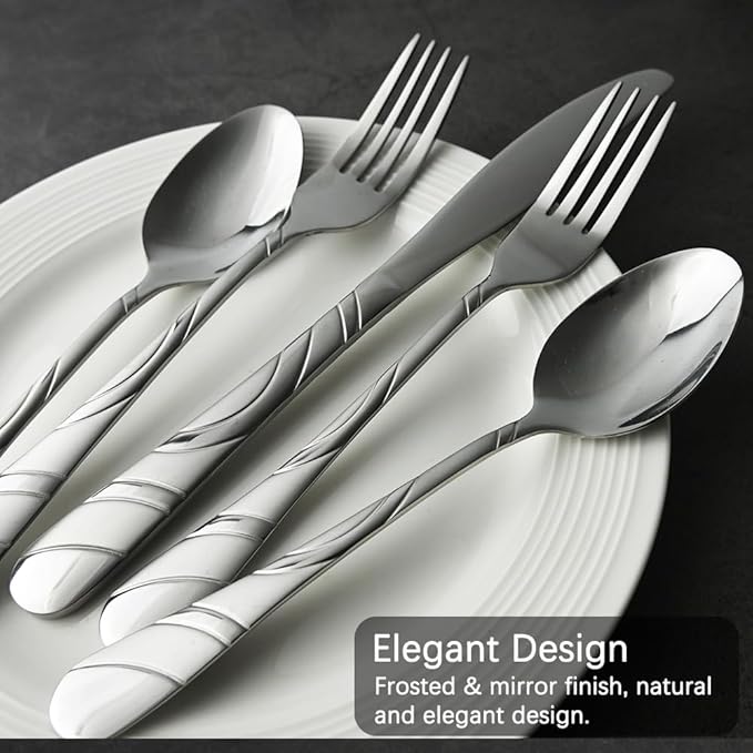 60-Piece Silverware Set for 8, 18/0 Frosted & Mirror Finish Stainless Steel Vintage Flatware Set, Modern Cutlery Set for Home Wedding Restaurant Housewarming Party Event Serving For 12