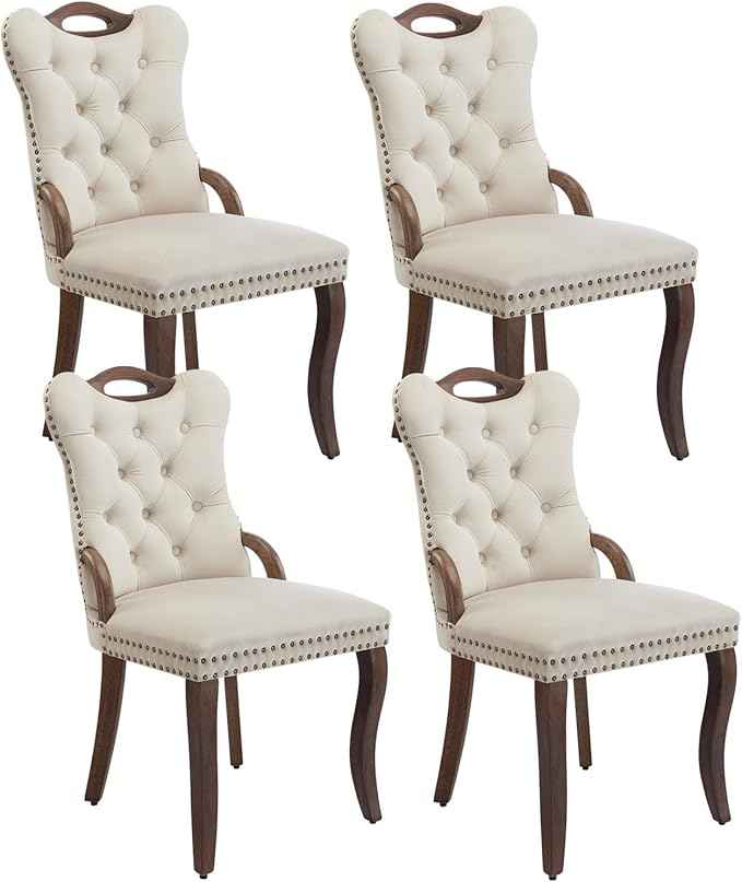 Beige Velvet Dining Chairs Set of 4，Modern Upholstered Dining Room Chairs with Tufted Back and Wood Accents, Curved Solid Wood Legs & Nailhead Trim, Sillas De Comedor Modernas 4