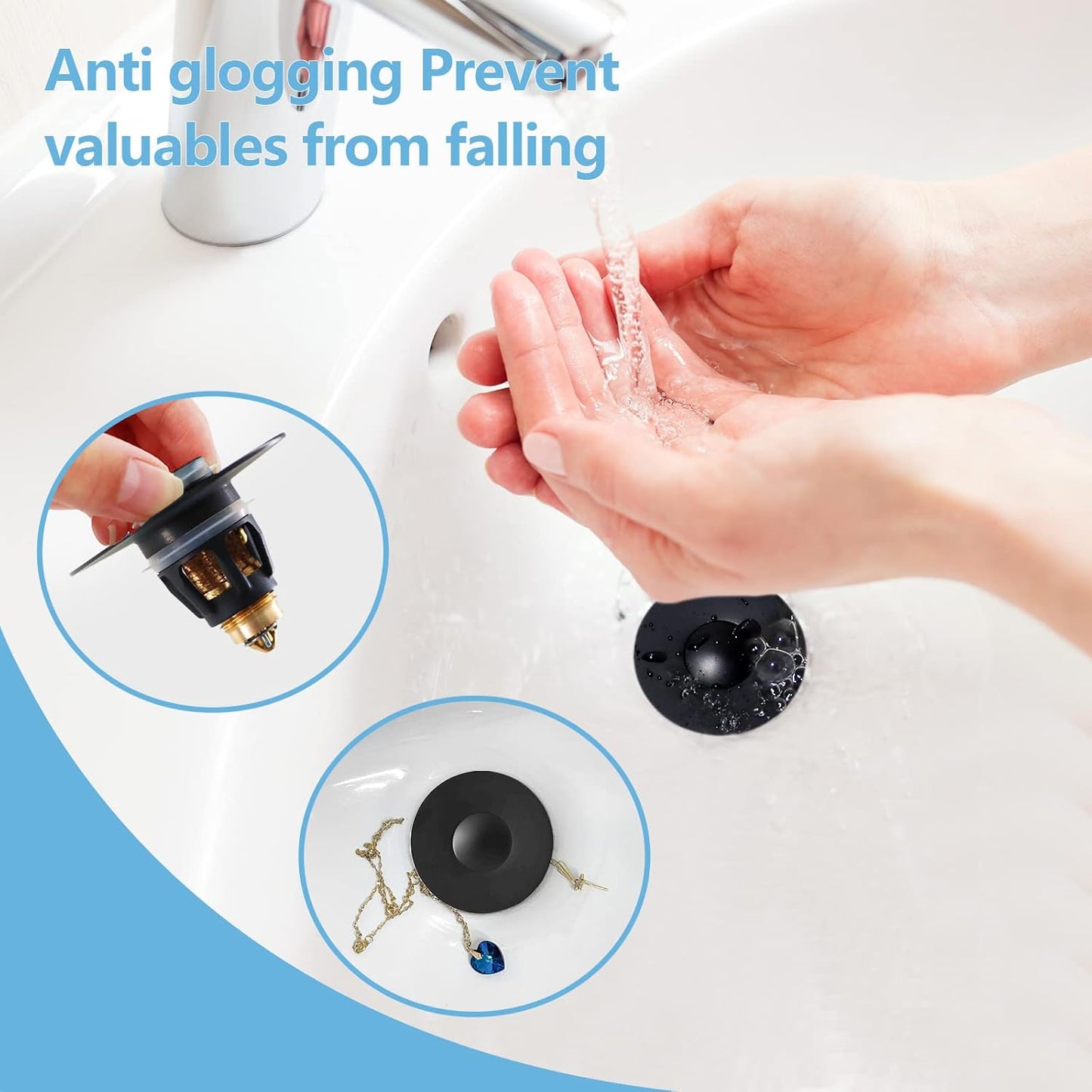 Black Bathroom Sink Stopper，Pop Up Drain Stopper for Bathroom Sink，Bathroom Sink Strainer ，Sink Plug,Universal Wash Basin Sink Stopper，Suitable for 1.1~1.5 Inch Bathroom Sink Drain Pipe (Matte Black)
