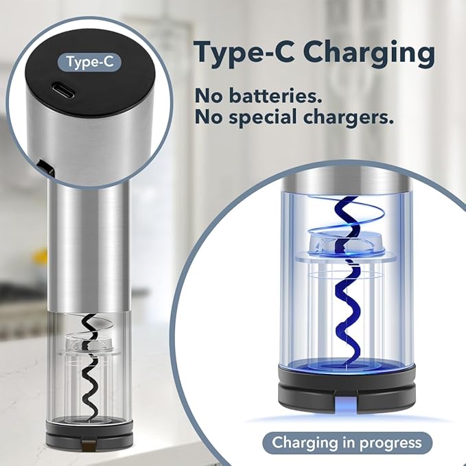 Electric Wine Opener Rechargeable–USB-C Charging, Wine Opener Electric with Foil Cutter, Electric Wine Bottle Opener, Electric Corkscrew Wine Opener, Stainless Steel, Must-Have for Wine Lovers
