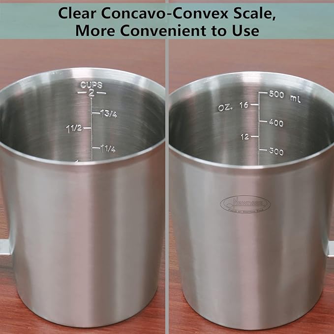 Newness Stainless Steel Measuring Cup, Metal Measuring Cup with Handle (Upgraded, 3 Marking Including Cup/ML/Ounce Scale), 16 Ounces (0.5 Liter, 2 Cup)