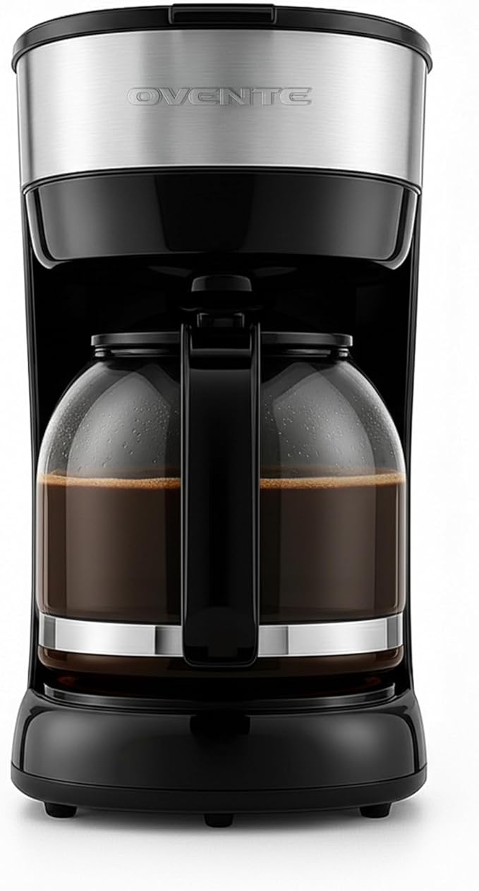 OVENTE 12-Cup Drip Coffee Maker with Borosilicate Glass Carafe, One-Touch Operation Machine, Anti-Drip System, Reusable Filter and Clear View Water Level Gauge, Ideal for Home or Office, Black CM412B