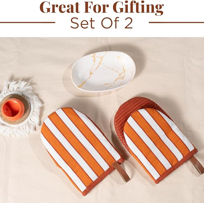 Folkulture Oven Mitts - Set of 2 (5.75"x9") | Oven Mitts with Hanging Loop for Cooking Gifts for Women, Kitchen Decor| 100% Cotton, Silicone Heat Resistant Mini Mitts (Orange)