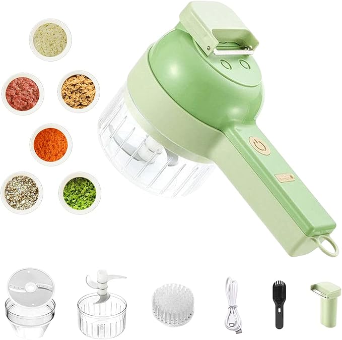 4 in 1Handheld Electric Vegetable Cutter,Wireless Food Processor,Mini Wireless Electric Garlic Mud Masher for Garlic Pepper Chili Onion Celery Ginger Meat with Brush