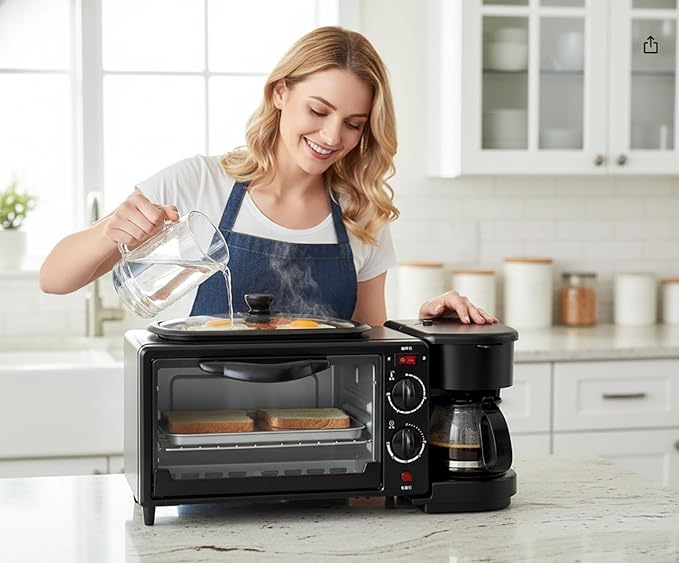 9L, 3-in-1 multifunctional home breakfast machine, mini oven, coffee machine, with timer，visible window (Black)