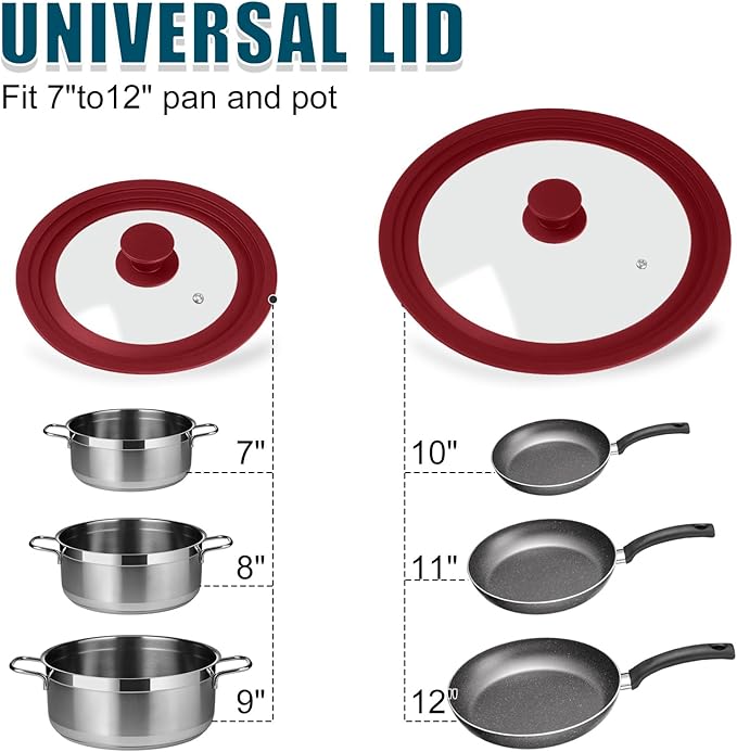 Universal Lid for Pots Pans and Skillets, 2 Pack Pan Cover fit 7", 8" 9" & 10", 11", 12" Diameter Cookware, Silicone Replacement Pan Lid Pot Lids for Frying Pans, Cast Iron,Tempered Glass Lid (Red)