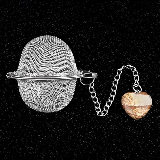 5 Pcs Tea Filter Stainless Steel with Heart Crystal Energy Stone Tea Strainers with Fine Mesh Extend Chain Hook Tea Ball Infuser for Loose Tea Leaves Spices Seasonings