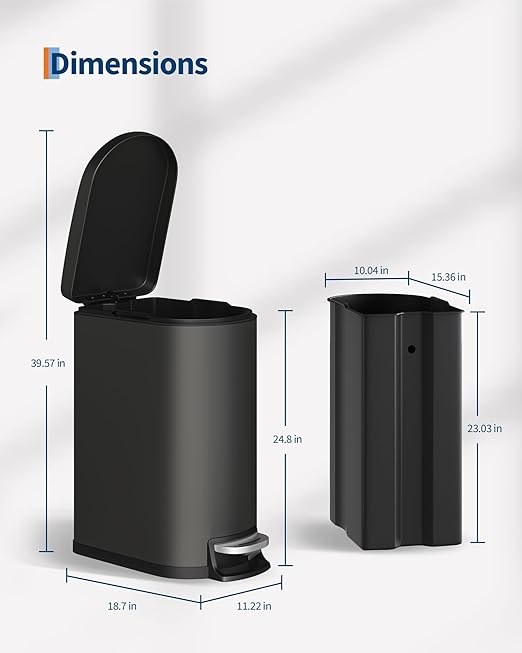 GarveeHome 13 Gal / 50 L Stainless Steel Kitchen Trash Can with Lid, Slim Step-On Garbage Bin, Large Rustproof Metal Trash Can with Soft Close, Inner Bucket & Rear Handle, Black