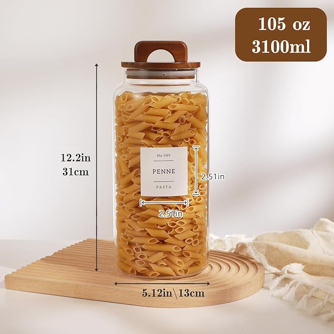 2 Pack Large Glass Flour and Sugar Containers with 132 Pantry Labels - 105 FL OZ Glass Canisters with Bamboo Airtight Lids - Farmhouse Kitchen Glass Pantry Jars for Cookie, Rice, Pasta, Cereal, Salt