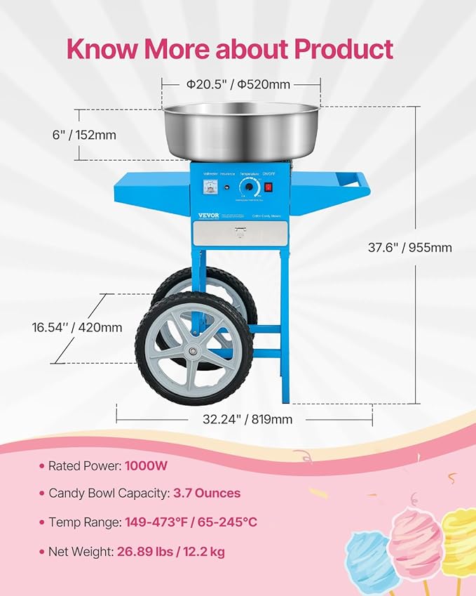 VEVOR Commercial Cotton Candy Machine with Cart, 1000W Electric Candy Floss Maker with 20.5 in Stainless Steel Bowl, Sugar Scoop and Drawer, for Home, Kids Birthday, Family Party, Blue