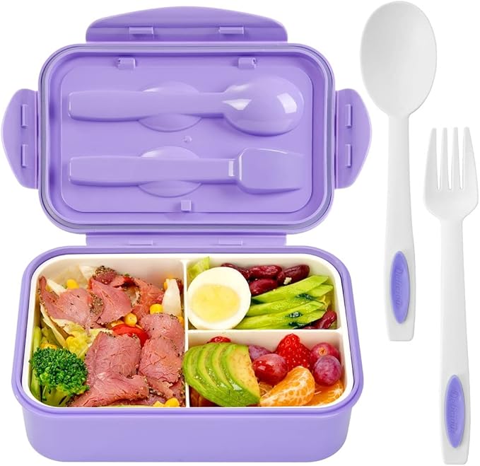 Bento Boxes for Adults - 1100 ML Bento Lunch Box Container For Kids With Spoon & Fork - Durable Perfect Size for On-the-Go Meal, BPA-Free and Food-Safe Materials(Purple)